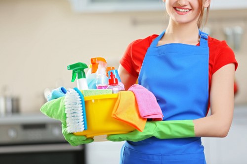 Cleaner preparing safe equipment and chemicals before starting work