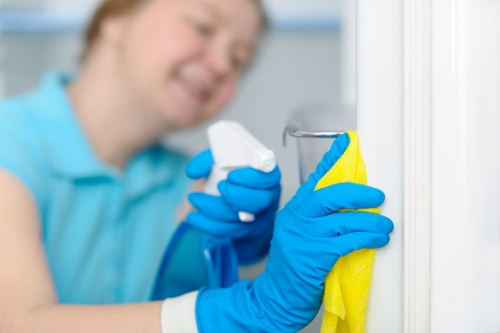 Cleaners following a safe and organised cleaning routine